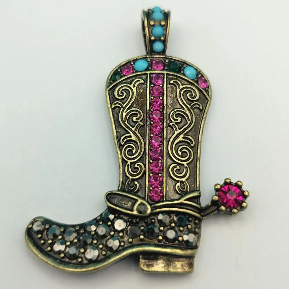 Western Cowboy Boot Pendant Rhinestone Antique Gold Tone Charm 2